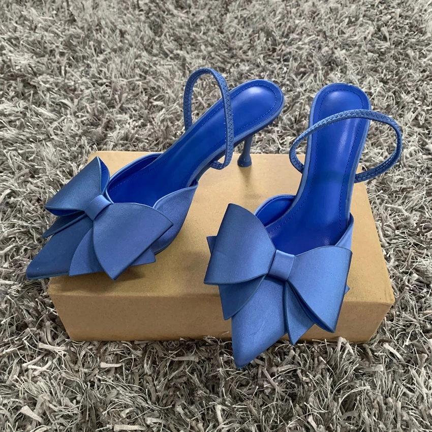 Frauen Blau Bogen High Heels Sexy Spitz Schlank Ferse Slingback Sandalen Pumps 2025, Sommer Elegante Party Frau Schuhe Mit Hohen Absätzen