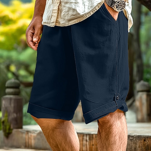 Herren Caprihose Leinenshorts Sommershorts Tasche Kordelzug Elastischer Bund Einfach Wadenlang Outdoor Täglich Ausgehen Mode Streetwear Gelb Königsblau Unelastisch Image