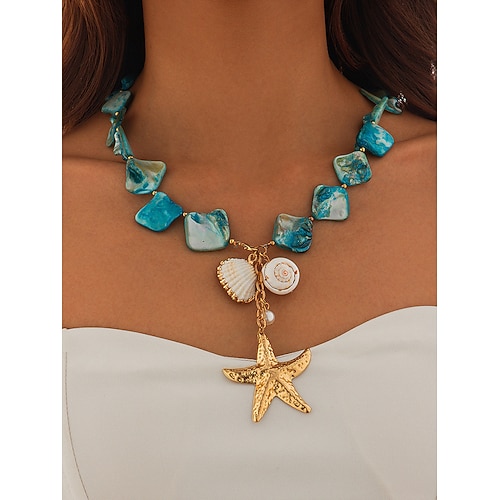Boho-Strand-Seestern-Halskette – handgefertigter Schmuck mit blauem Stein- und Muschelanhänger für Frauen, vom Meer inspirierte Statement-Halskette für Sommer, Urlaub und Freizeitkleidung Image