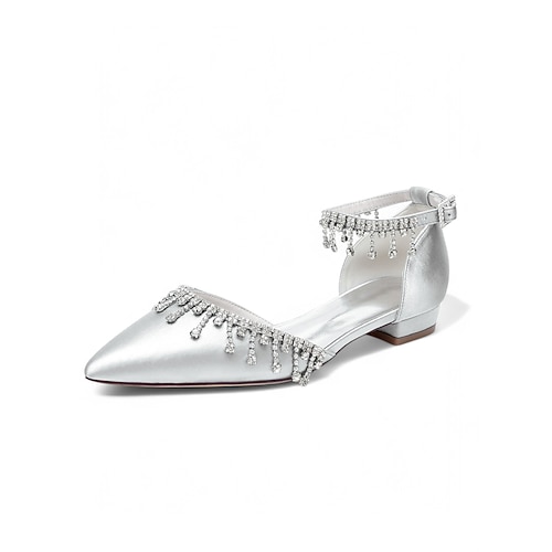 Weiße Brautschuhe mit Knöchelriemen aus Satin für Damen – spitze Hochzeitsschuhe mit Kristallanhänger für die Braut Image