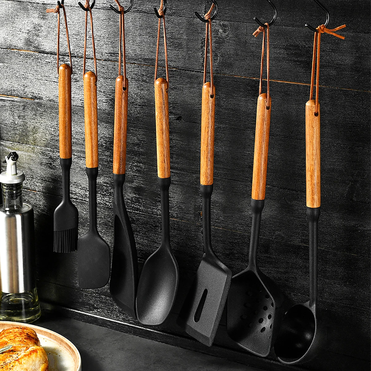 Ensemble d'ustensiles de cuisine antiadhésifs en silicone noir, ustensiles de cuisine F2, manche en bois, spatule, pelle, louche, outils de cuisine, 3 pièces, 7 pièces