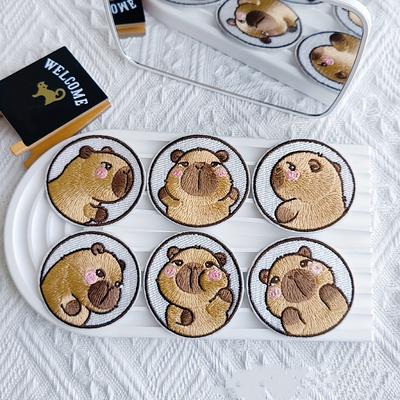 TEMU 6-pack Cute Guinea Pig Self-adhesive Embroidered Patches, Mixed Colors, Diy Iron-on/sew-on Decorative Appliques For Clothing, Bags, And Accessories