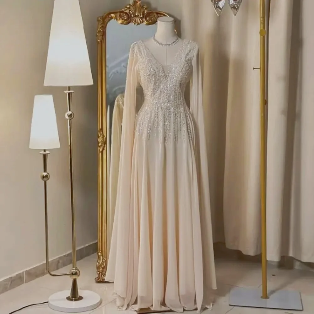 Customized Formal Chiffon Sequined Pleat V-neck Long Dresses Party Bespoke Occasion Simple High Quality Saudi Arabia