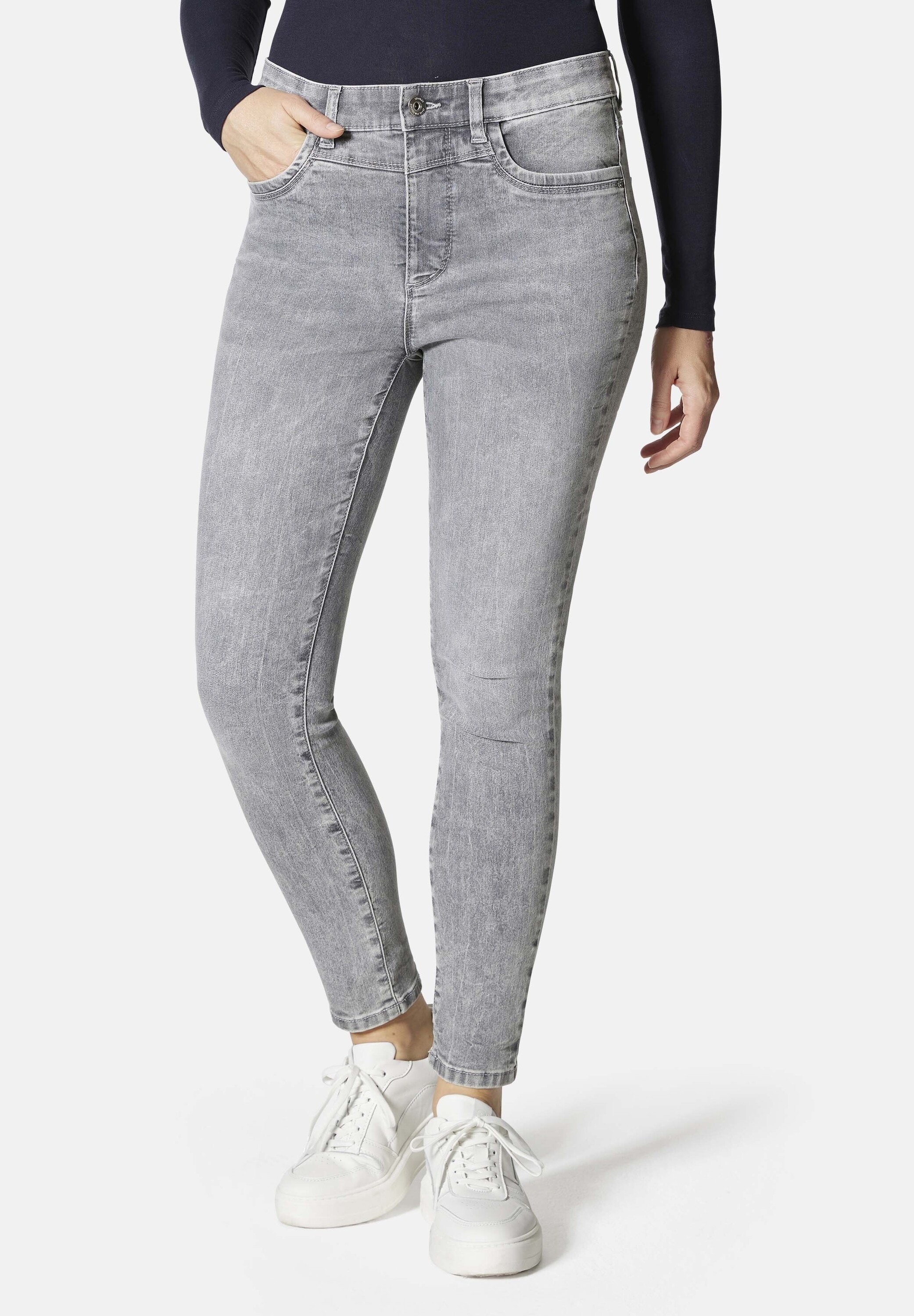 5-Pocket-Jeans STOOKER WOMEN "Rio Fexxi Move Strass Skinny Fit", Damen, Gr. 46, Länge 26, grau (grau bleached), Denim/Jeans, 83% Baumwolle, 16% recycled Polyester, 1% Elasthan, skinny fit lang, Jeans 5-Pocket-Jeans, Skinny Fit Casual Clean Wash...