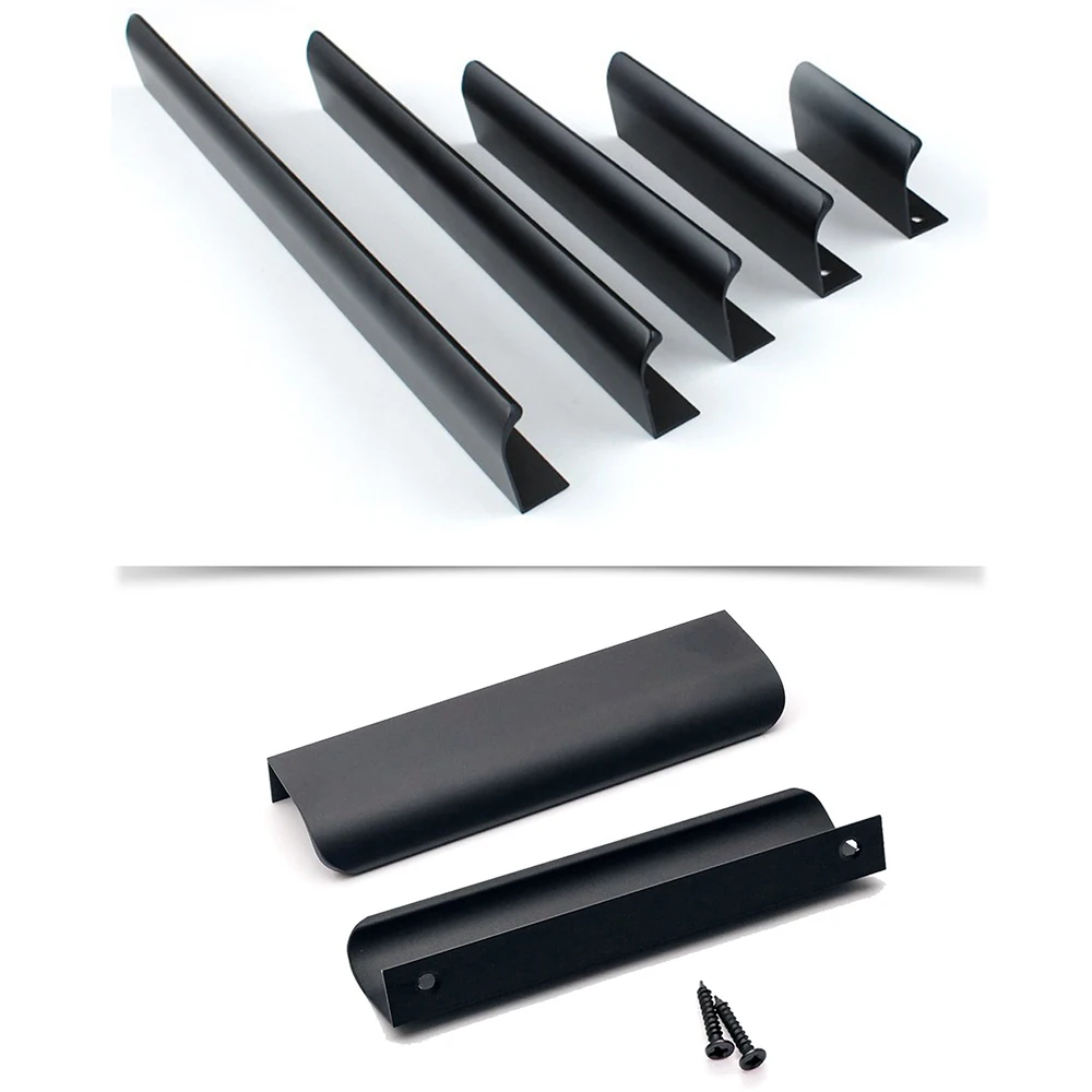 4 Stück versteckte Möbel-Schubladengriffe, Küchenschranktür, schwarze Griffe, Aluminiumlegierung, moderne Fingerkante, Kleiderschrankgriffe Image