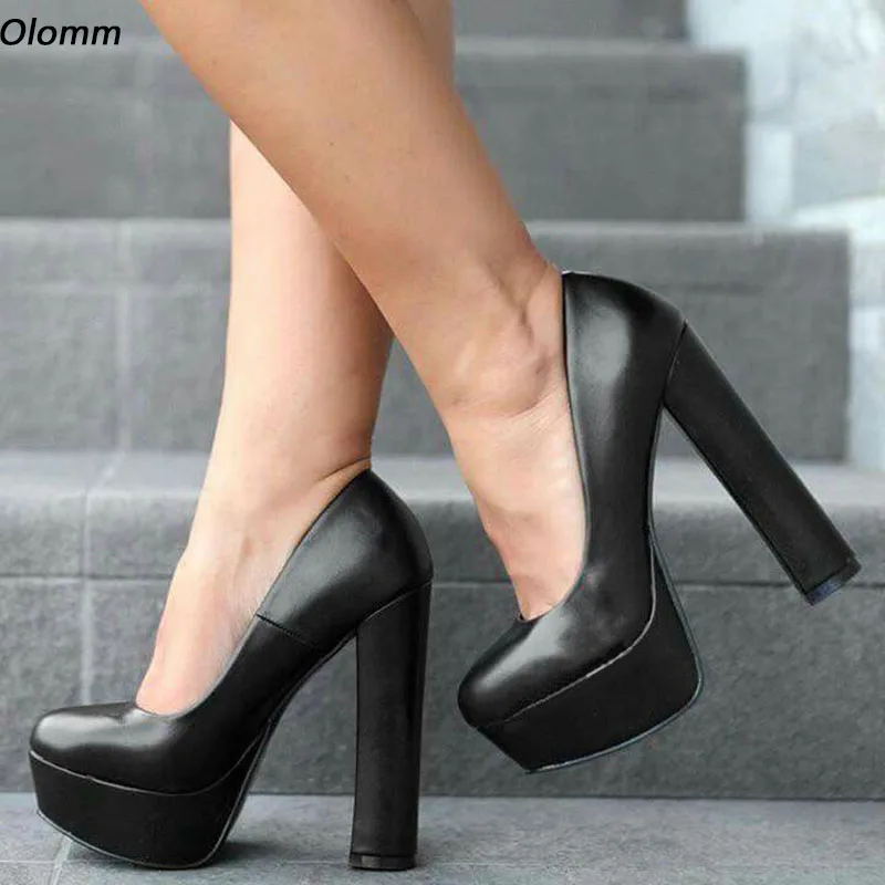 Olomm handgemachte Frauen Frühling Pumps matt klobige High Heels runde Zehen schöne schwarze Kleid Schuhe Frauen plus uns Größe 4-20