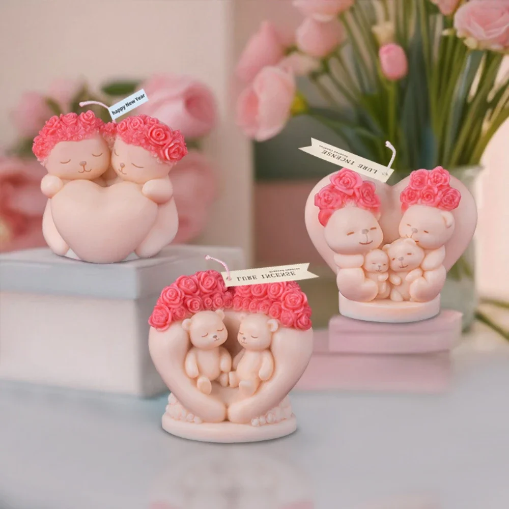 Liebe Rose Bär Silikon Duftkerze Form DIY 3D Sitzende Tier Harz Form Gips Machen Valentinstag Geschenke Hochzeit Dekor Image