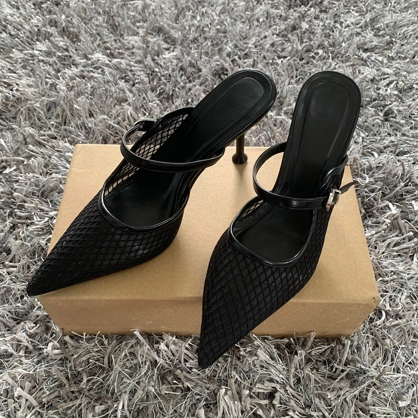Neue Sommer frauen Sandalen Schwarz Mesh High Heels Schuhe Elegante Maultiere Spitz Slip auf Party Dame Pumpen Schuhe