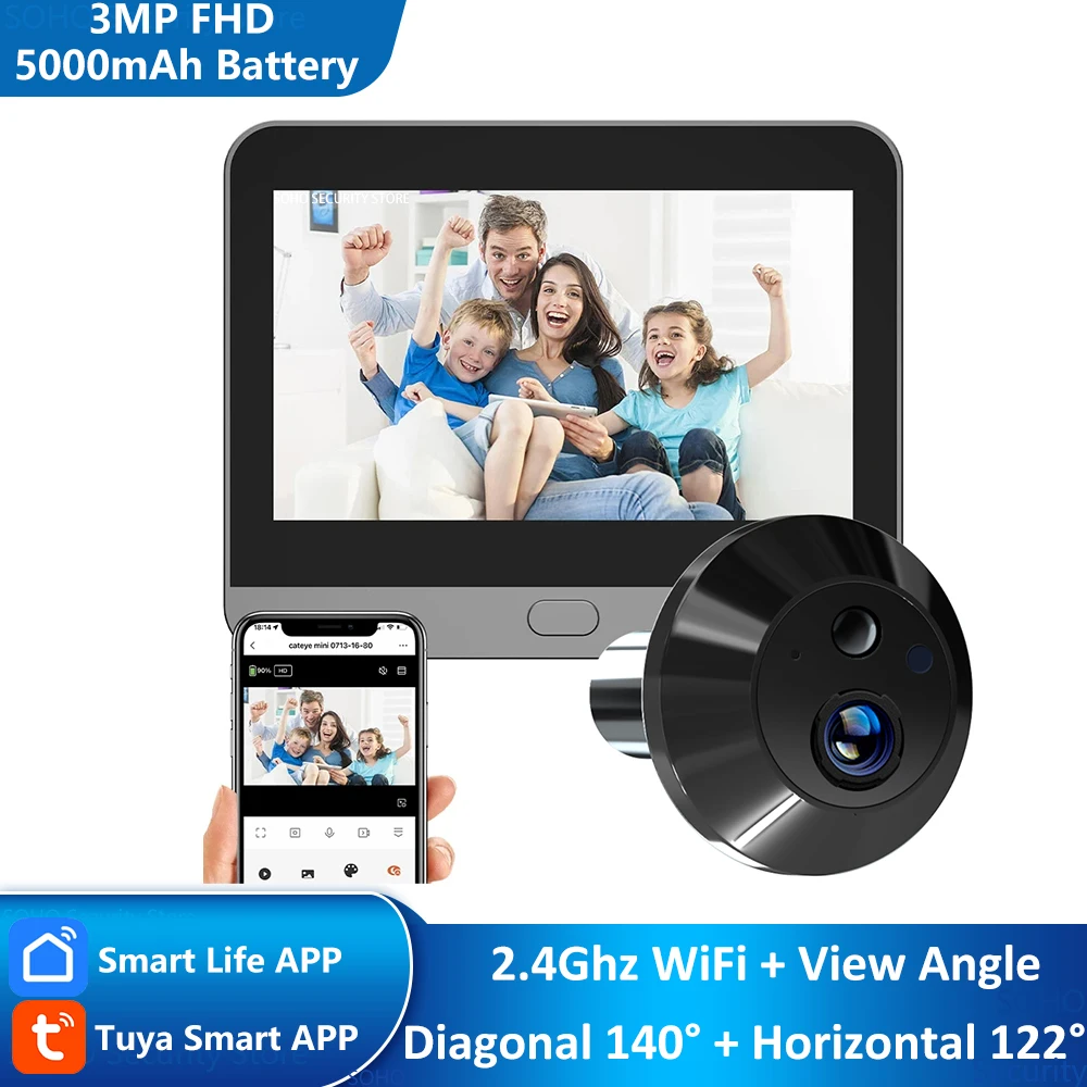 3 MP Tuya Smart WiFi Digitale Tür Magic Eye Guckloch Viewer PIR Bewegungserkennung Nachtsicht Kamera Alexa Google Wide View 140 ° Image