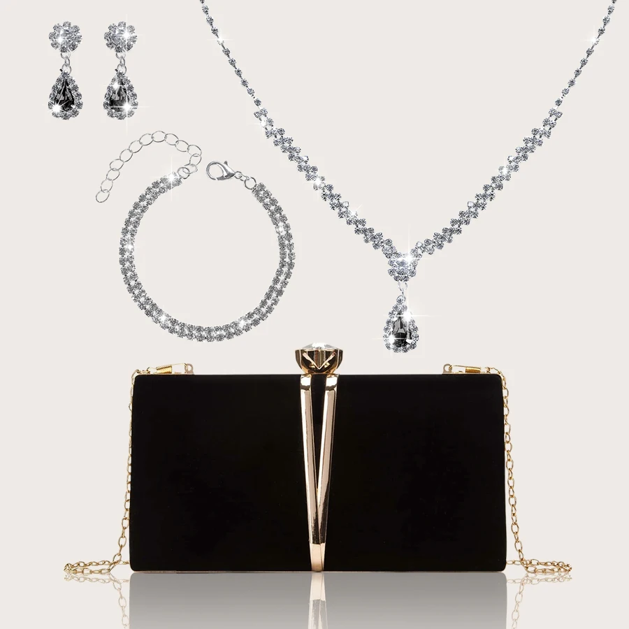 Funkelnde und modische V-förmige Damen-Abendtasche aus Metall, luxuriöse, leichte, einfache und plüschige Damen-Party-Box-Clutch mit wunderschönem Strass-Anhänger, Armband und Ohrringen-Set, Image