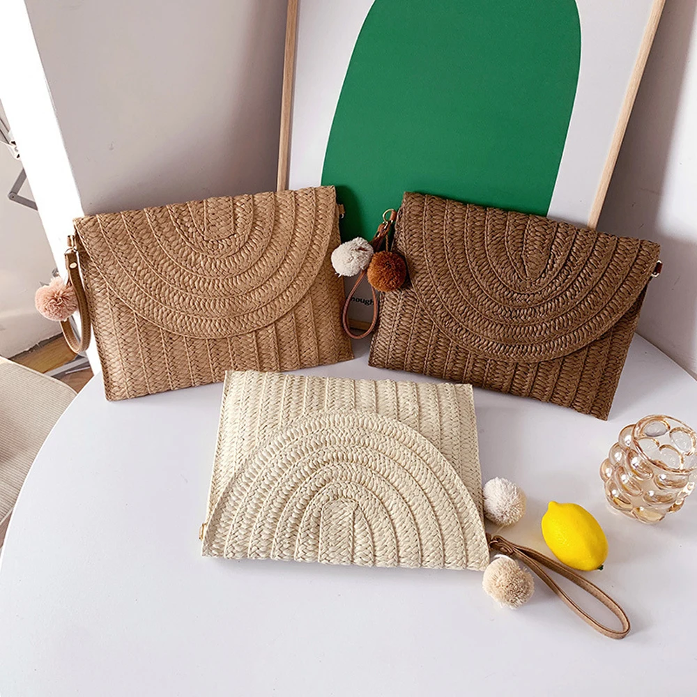Borse da donna in paglia intrecciata fatte a mano Borse da donna per le vacanze estive in spiaggia Pochette casual Borsa a tracolla elegante Portafogli con busta in rafia