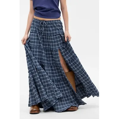 Kimchi Blue Sadie Check Tiered Maxi Skirt - Blue XL at Urban Outfitters
