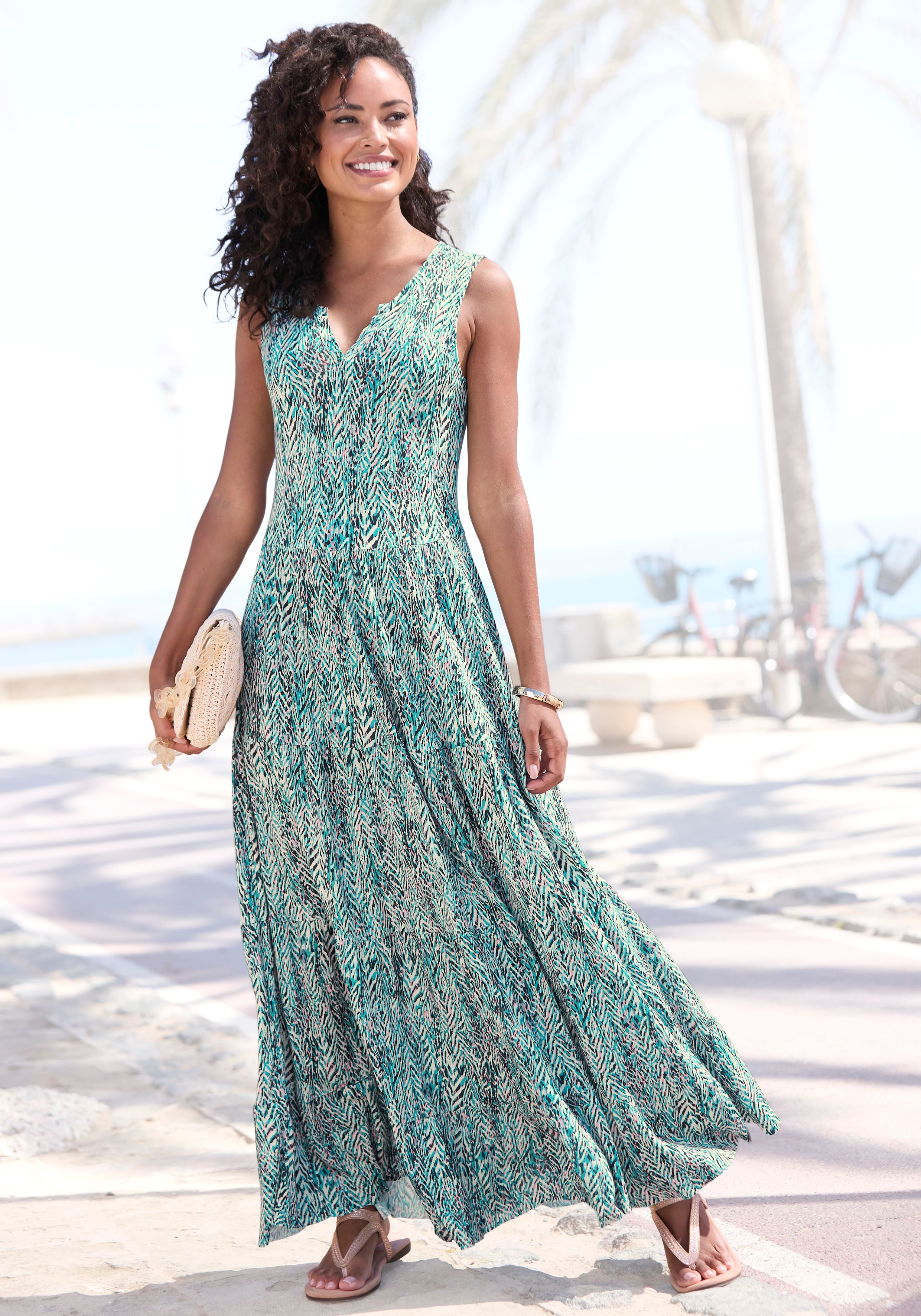 Maxikleid VIVANCE, Damen, Gr. 34, N-Gr, bunt (türkis, rosé, creme bedruckt), Jersey, Obermaterial: 100% Viskose, bedruckt, figurumspielend knöchellang, V-Ausschnitt, Kleider Maxikleid, mit Alloverdruck, langes Sommerkleid aus Jersey, casual