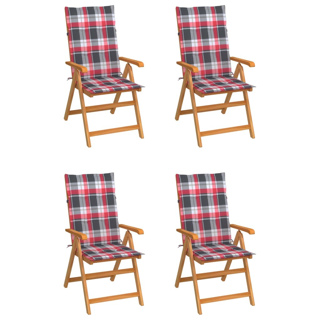 vidaXL Gartenstühle 4 Stk. Rote Karomuster-Kissen Massivholz Teak Image