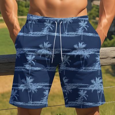 TEMU Men's Summer 3d Palm Tree Shorts - Casual, Sporty, Graffiti Style, Drawstring Waist, Polyester, Ideal For Outdoor Activities And Swimming, Summer Shorts Image