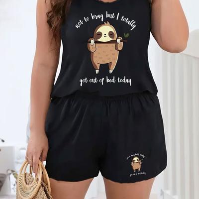 TEMU Women's Plus Size Cartoon Print Set - Comfy Polyester Tank Top & Shorts, Machine Washable Image