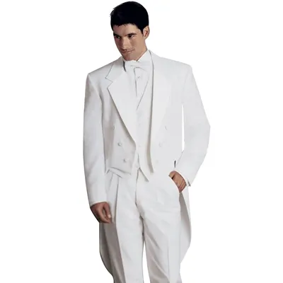 White Men's 3 Pieces Tailcoat Groom Tuxedos Dinner Suits Swallow-Tailed Coat Waistcoat & Trousers Formal Men Suits for Party