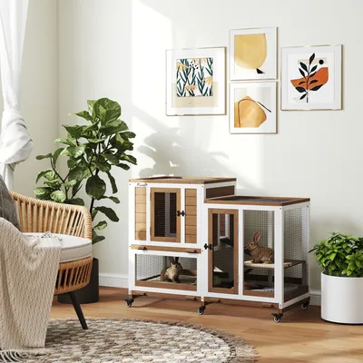 Pawhut 2-stufiges Holz hutty mit Rädern und braunen abnehmbaren Tabletts Image