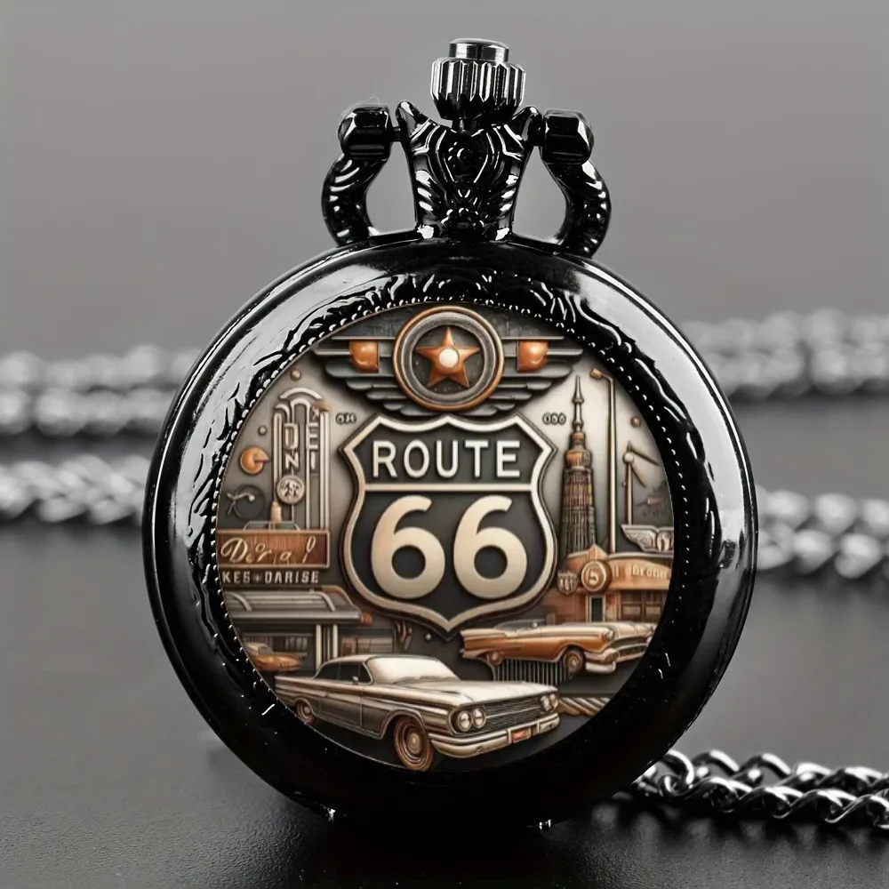 Antikes exquisites Route 66 American The Mother Road Taschenuhr-Design, präzise Quarzwerk-Uhr, Geschenk für Männer und Kinder