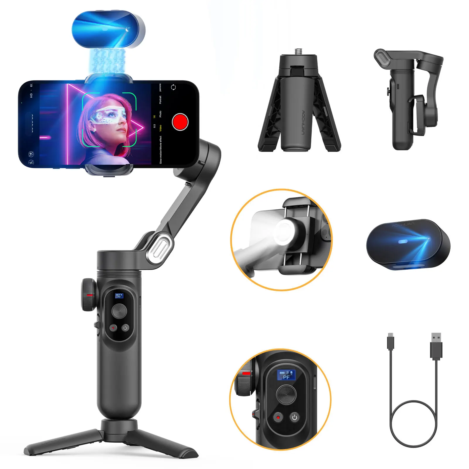 AOCHUAN Smart XPro Ai 3-Achsen-Smartphone-Gimbal-Stabilisator für iPhone und Android Smartphone-Gimbal Keine App erforderlich, um das Gesicht zu verfolgen