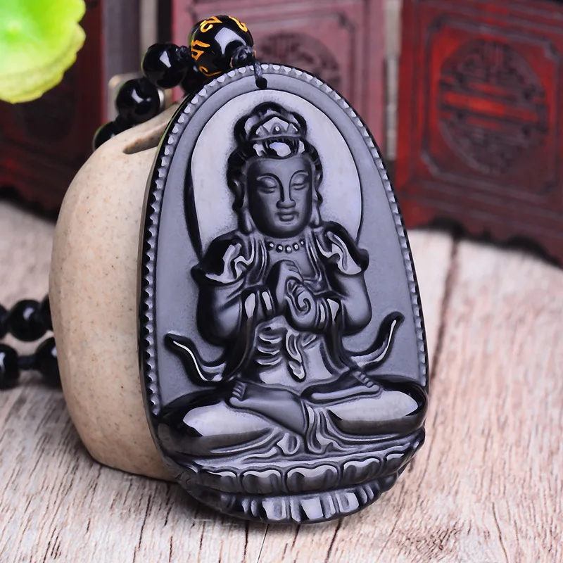 Buddha Anhänger Männer Frauen Glück Reichtum Amulett Halskette Schwarz Obsidian Geschnitzt Acht Guardians Glück Perlen Seil Anhänger Schmuck Image