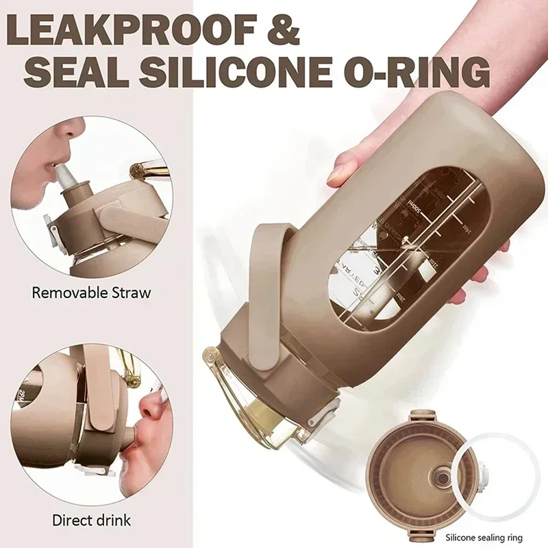 Glas-Wasserflaschen mit Strohhalm 1000 ml, Glasflasche mit Silikonhülle und Zeitmarkierung, für Fitnessstudio, Camping, Heimbüro Image