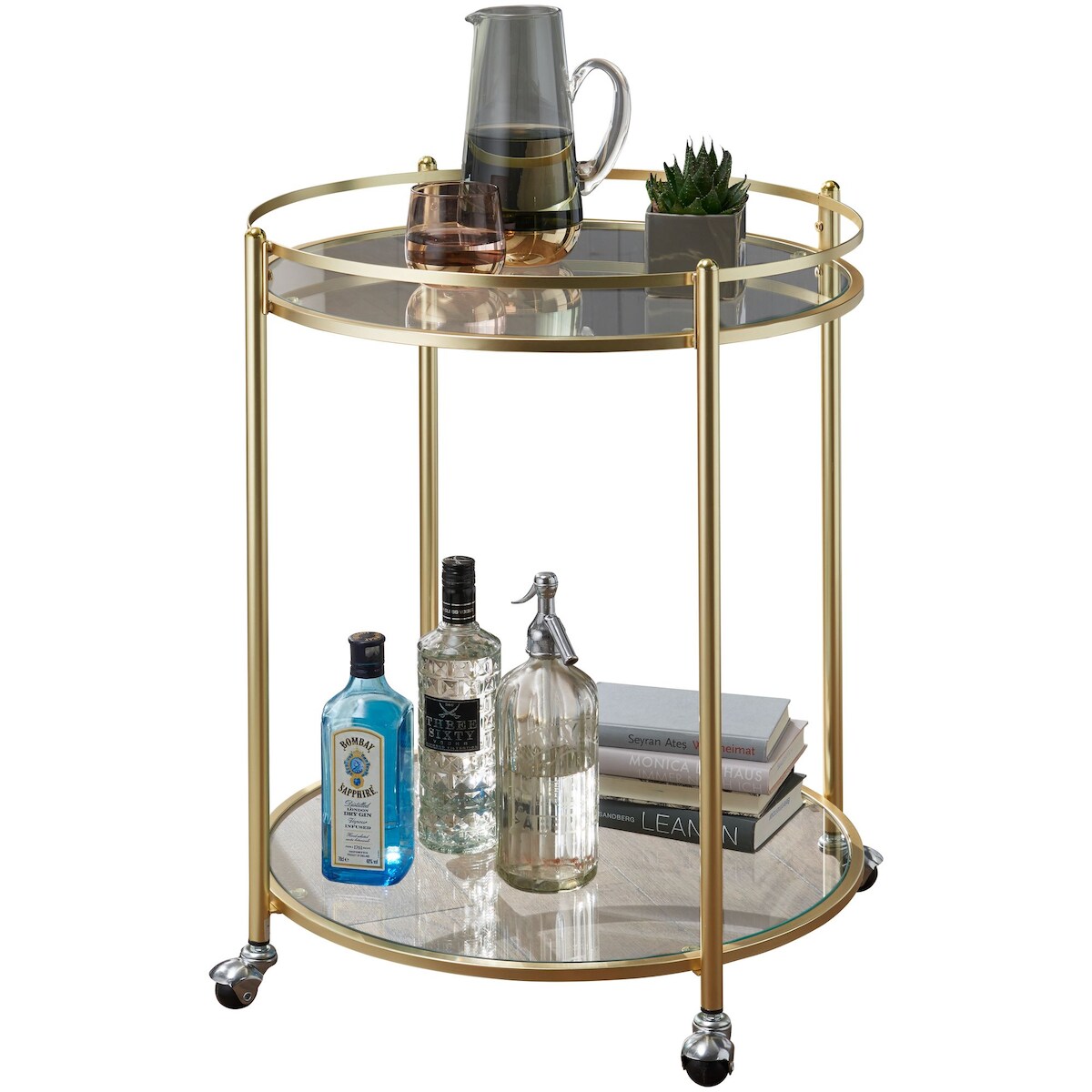 KADIMA DESIGN Design Servierwagen Gold Ø 57 cm Beistelltisch, Teewagen Metall mit Rollen, Küchenwagen mit Glasplatten, Barwagen Rund 75 cm hoch, Küchentrolley Image