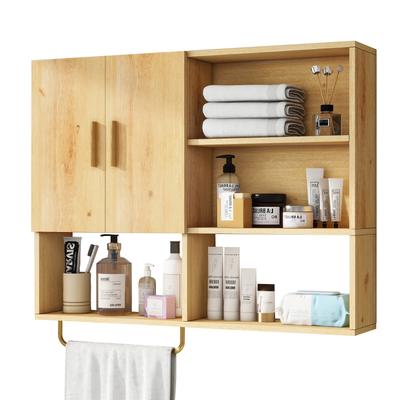 TEMU Bathroom Wall Cabinet Solid Wood Large Wall Mounted Medicine Cabinet With 2 Doors And 4 Open Shelves Over Toilet Storage Cabinet With Towel Bar, Wood