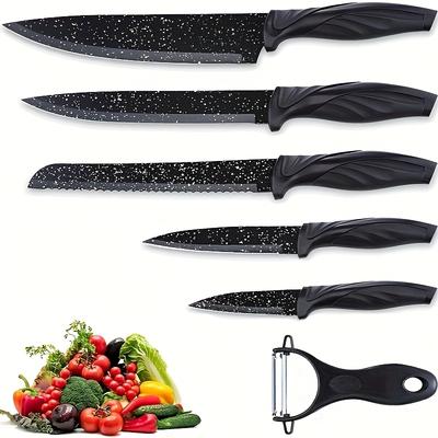 TEMU A Set Of 5 Kitchen Knives, Including A Chef's Knife, Bread Knife, Carving Knife, Utility Knife, And Vegetable Knife, All Made Of Stainless Steel With A Black Rust-resistant Coating. Image