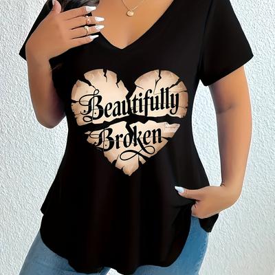 "TEMU Women's Plus Size Elegant V-neck T-shirt - Short Sleeve, Comfortable Loose Fit, Stretchy Print Top For Spring/summer, Black With "" , Casual Wear | Top | Microelastic Material" Image