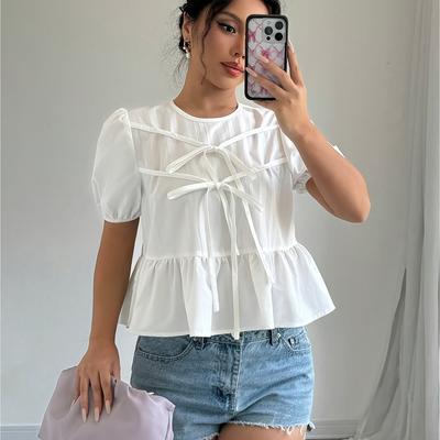 TEMU Women's Elegant Summer Top With Puff Sleeve And Ruffle Detail, Crew Neck Pullover With Button Closure, Polyester Spandex , Short Sleeve Solid Color Shirt For Night Out - A Fit Image