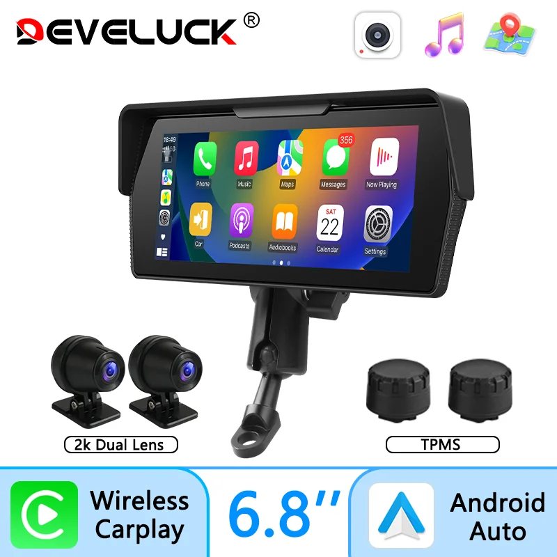 6.8 Zoll Tragbarer Motorradmonitor 2K mit CarPlay & Android Auto, GPS-Navigation, Wasserdicht IPX7. Image