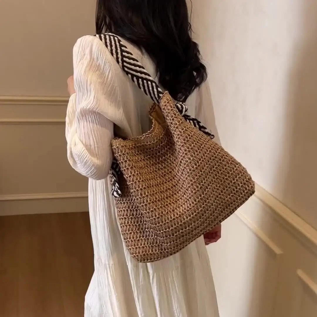 Boho Chic große gewebte Stroh-Einkaufstasche für Damen, Pendler-Handtasche, Umhängetasche, perfekt für Frühlingsausflüge, Strand-Einkaufstasche, Image