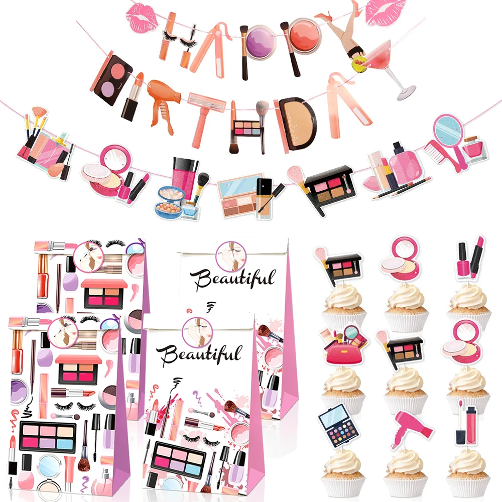 Spa Make Up Partyzubehör Kosmetik Alles Gute zum Geburtstag Banner Papier Goodie Bags mit Aufklebern Mädchen Frauen Geburtstag Party Dekoration Image
