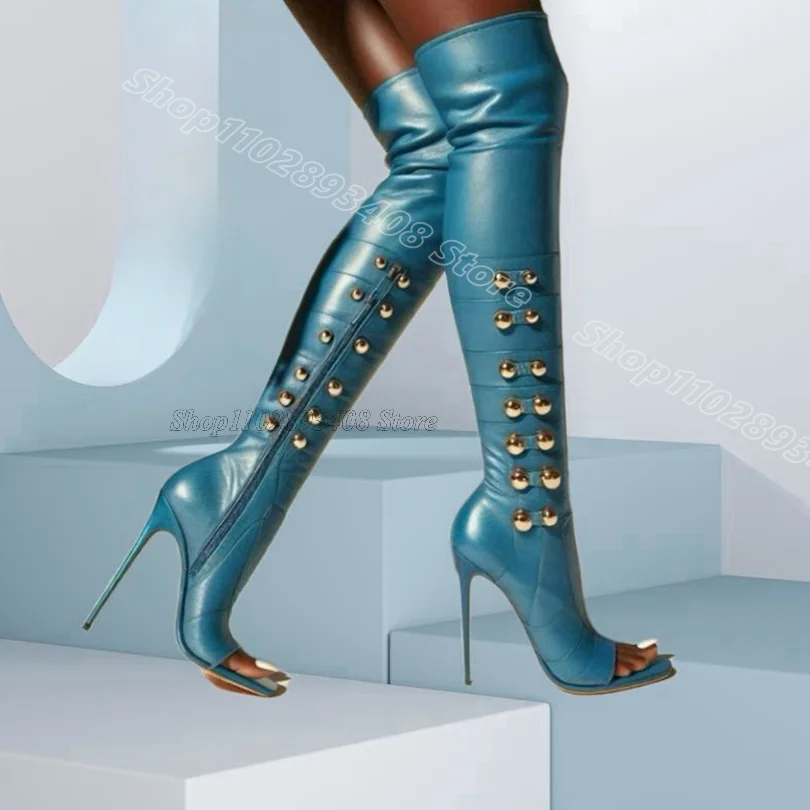 Blaue Nieten-offene Zehen-Lederstiefel mit seitlichem Reißverschluss, solider britischer Stil, Party-Mode, Damen-Overknee-Stiefel, 2025, Zapatos Para Mujere Image