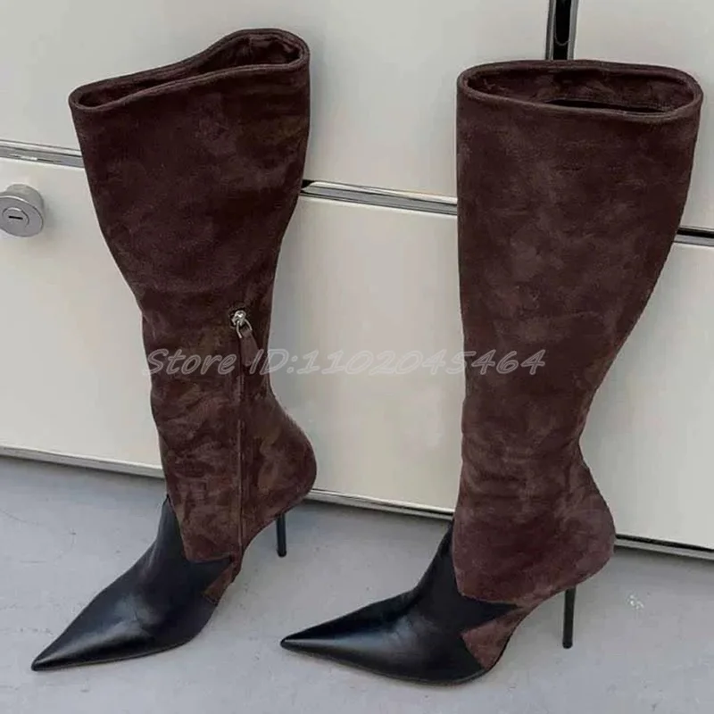 Wildleder Leder Spitzschuh Vintage Kniehohe Stiefel Damen Stilettos Reißverschluss Western Langer Stiefel Große Größe Luxus Designer Sexy Schuhe