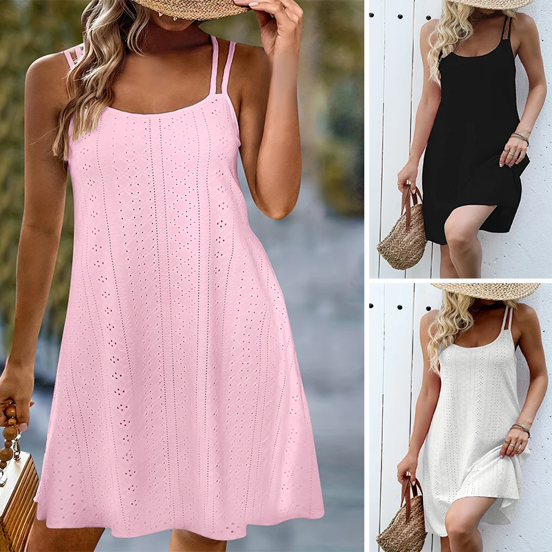 Plus Size Ösen-Jacquard-Kleid, solides Cami-Kleid, lässiges, ärmelloses Kleid mit Rundhalsausschnitt für Frühling und Sommer, Damen-Kleidung in Übergröße Image