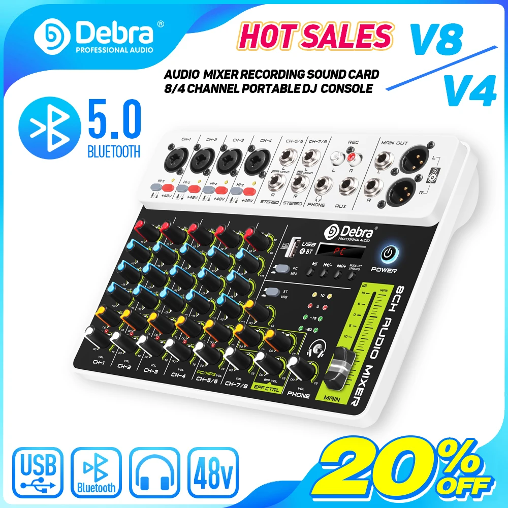 Debra V8 8-Kanal-Audiomixer mit Bluetooth, USB, 48V Phantomspeisung, Delay-Repetitions-Effekt für Sound-Mischpulte und PC-Aufnahmen Image