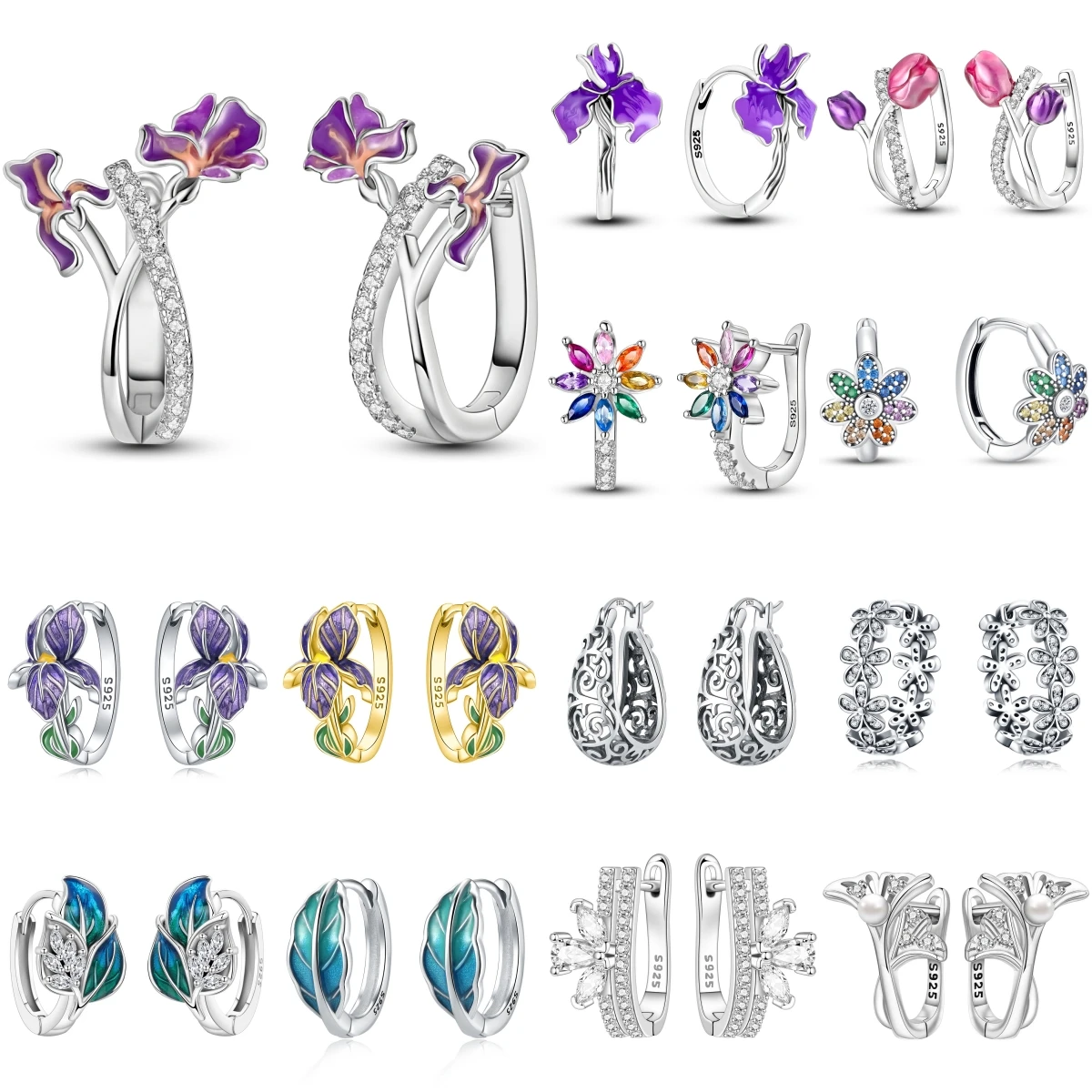925 Sterling Silber Blume Pflanze Serie Schmuck Mode Zirkon Kreis Creolen Für Frauen Ohrring Schmuck Geschenke Zubehör Image