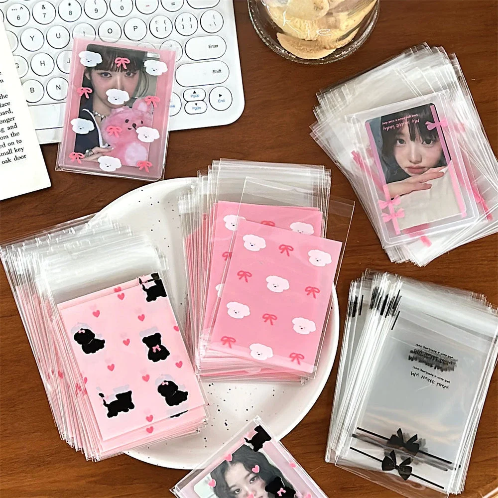 50 Stück wiederverschließbare Zellophanbeutel mit rosa Schleife, selbstklebende, durchsichtige Fotokartenhüllen, Geschenktüten, Geburtstag, Hochzeit, Partyzubehör Image