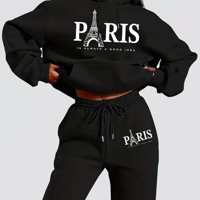 TEMU Paris-inspired Women's Hooded Tracksuit Set, Casual Polyester Knit Fabric, Long Sleeve, Geometric-pattern, With Pockets, For Fall/winter Image