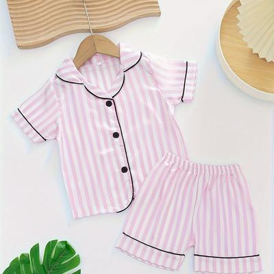 TEMU 1 Set Kids' Casual Pajama Set - 100% Polyester Short Sleeve Shirt And Shorts With Lapel Collar, Woven Fabric With Slight Stretch, Regular Fit Sleepwear For Children