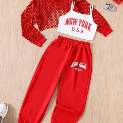 TEMU Girls' Fashion Mesh Shirt Top + Suspender Bottom + Casual Sweatpants 3pcs Set