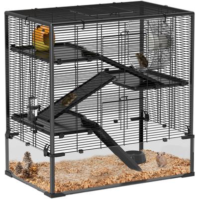 Pawhut - Hamsterkäfig für Zwerghamster, 4-stufiges Nagerkäfig mit Glasboden, Hütte, Laufrad,