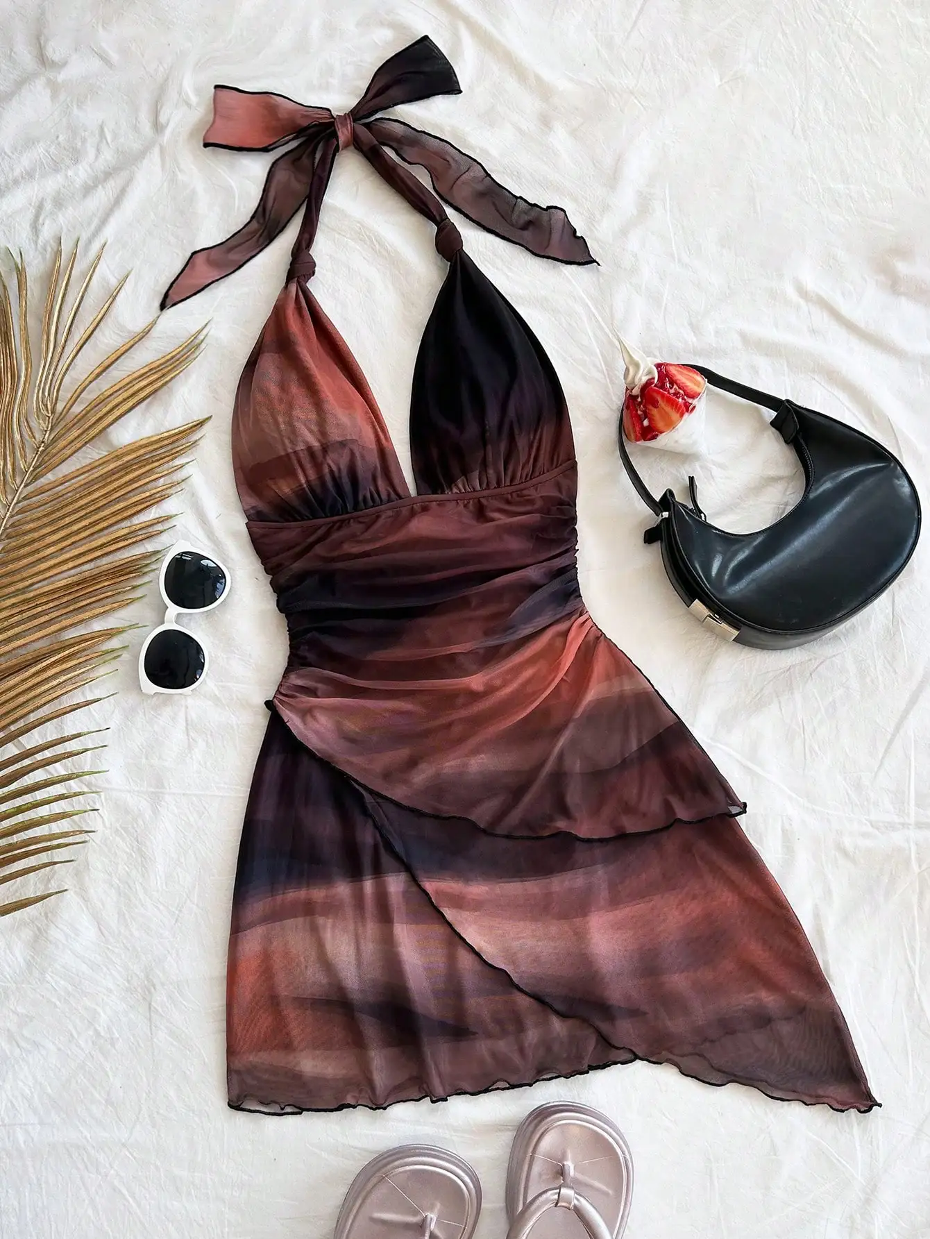 2025 Europa und die Vereinigten Staaten Mode Gaze bedruckter Ausschnitt ärmellos sexy enges tiefes V kurzes sexy reines rückenfreies Kleid