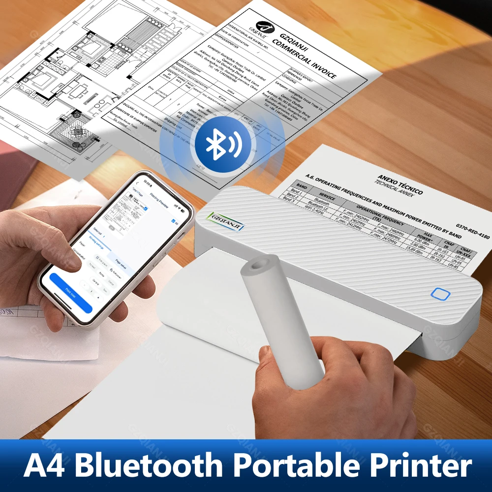 A4 Bluetooth Thermo-tragbarer Drucker, kabellose Maschine für Reisen, unterstützt A4-Papier, 21,6 x 27,9 cm, US-Buchstabe, legal, tintenlos, für Büro Image
