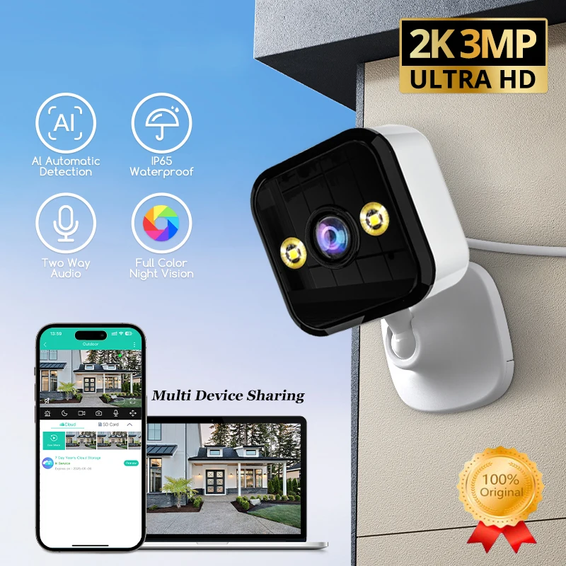 2025 neue 2K-Überwachungskamera 3MP HD Wifi Smart Home Webcam 2-Wege-Audio Farbe Nachtbewegungserkennung Überwachungskamera mit Lichtern