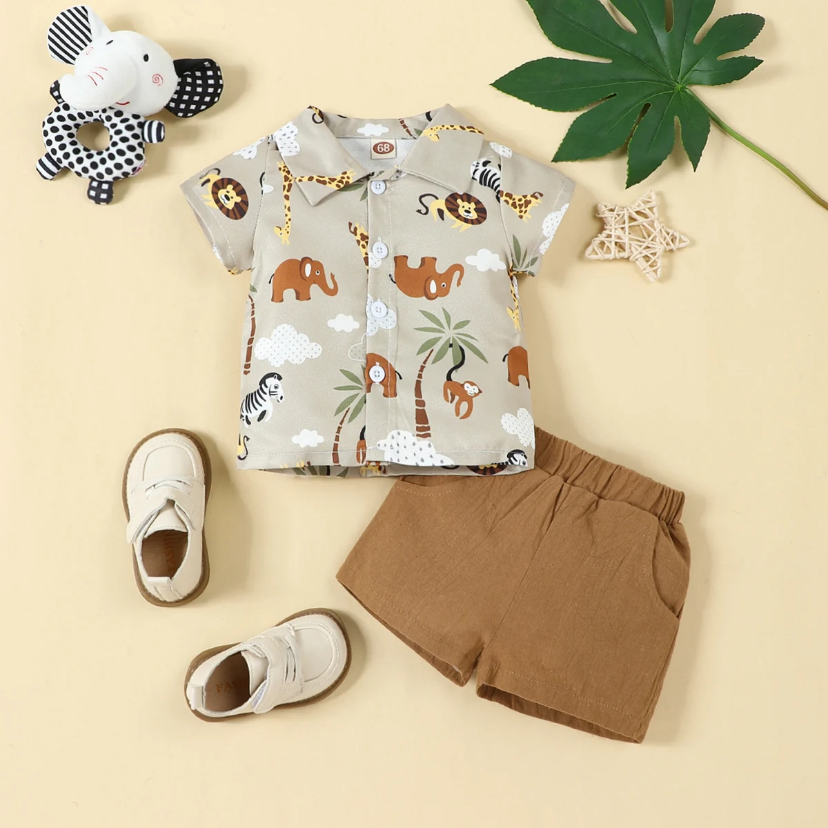 Sommer-Baby-Cartoon-bedrucktes Kurzarm-Revershemd + Khaki-Shorts, lässige Modehosen-Set Image