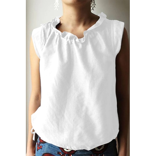Damen Leinenhemd Bluse 100% Baumwolle Einfach Basic Modern Ärmellos Rundhalsausschnitt Normale Oberteile Täglich Ferien Ausgehen Schwarz Weiß Marineblau Sommer Image