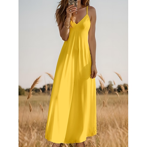 Damen Maxi Kleid Sommerkleid A-Linie Kleid Nachtkleid Urlaub Lässig Urlaub Alltag Strand Regelmäßige Passform Einfarbig Grafik Einfach Ärmellos V-Ausschnitt Schwarz Weiß Gelb Wein Sommer Frühling Image
